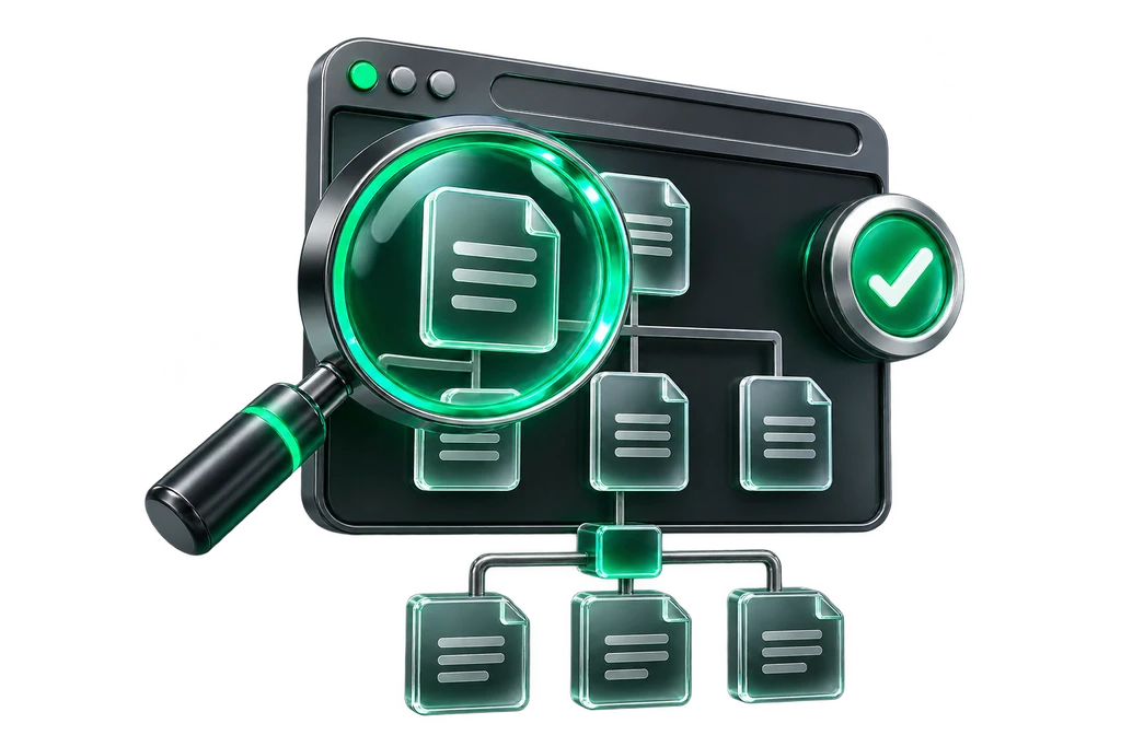 Panouri web și lupă 3D, pentru verificarea SEO tehnică a unui site de servicii